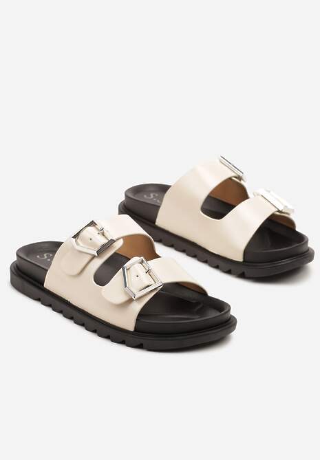 Beżowe Klapki z Paskami Ozdobionymi Klamrami Virfia
