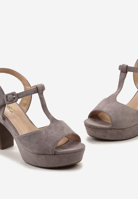 Szare Sandały Zapinane na Sprzączkę na Słupku i Platformie Incara