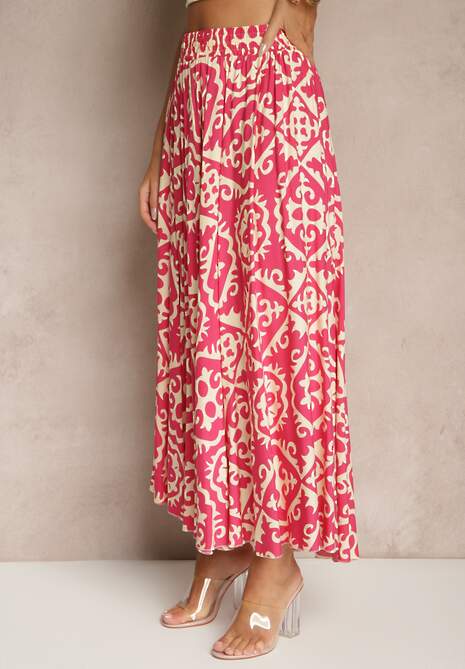 Fuksjowa Spódnica z Wiskozy z Geometrycznym Motywem Axeria