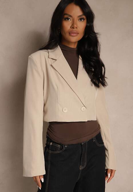 Ciemnobeżowa Dwurzędowa Marynarka o Krótkim Fasonie Redafira