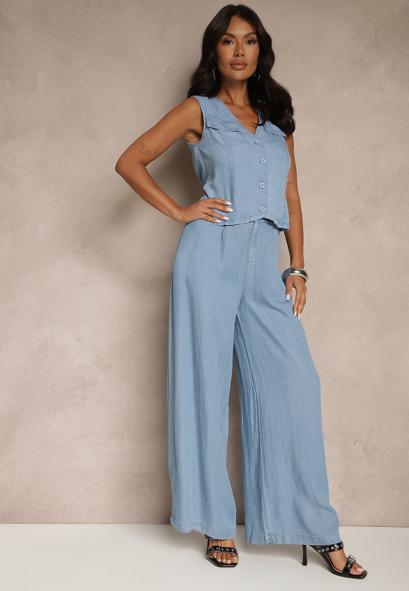 Niebieski Komplet z Bluzką bez Rękawów z Szerokimi Spodniami Sariten