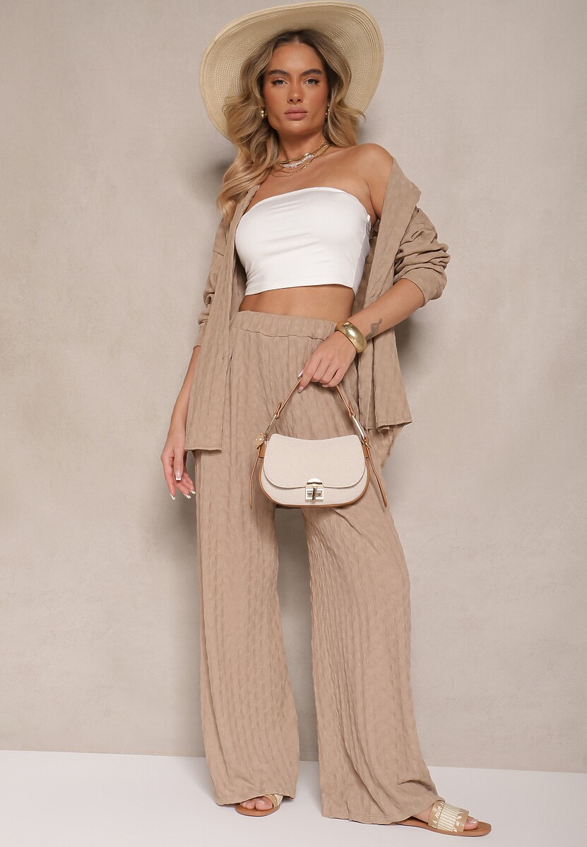 Czarny Komplet z Tłoczonego Materiału Koszula Oversize i Spodnie Taccaria