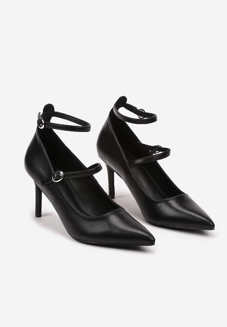 Czarne Czółenka na Szpilce Wykończone Paskami ze Sprzączkami Beridina