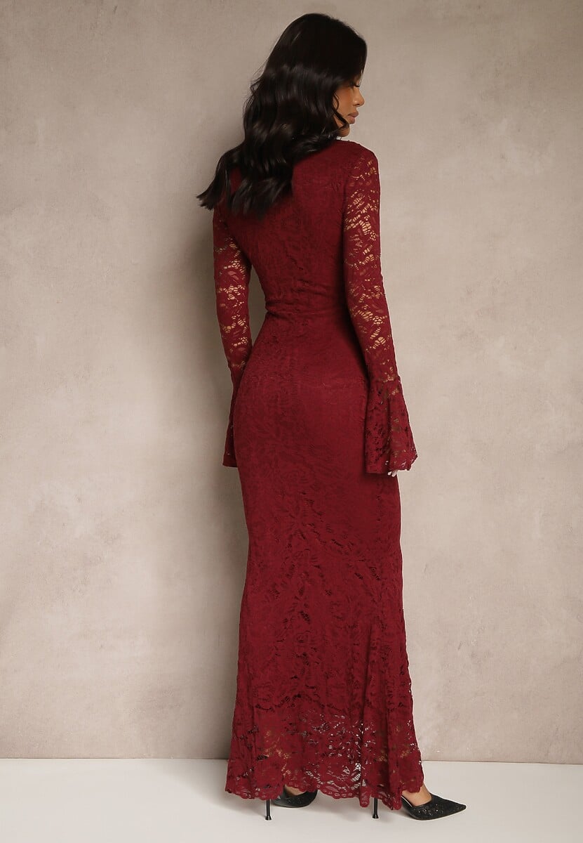 Bordowa Dopasowana Sukienka Zdobiona Koronką z Rozszerzanym Dołem Hannalis