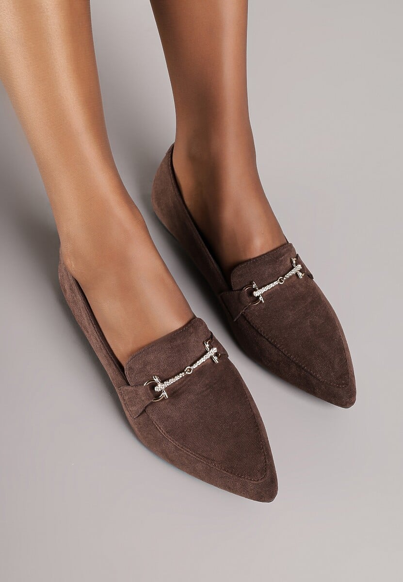 Brązowe Mokasyny Vices ze Szpiczastym Noskiem Zdobione Aplikacją Rilosia