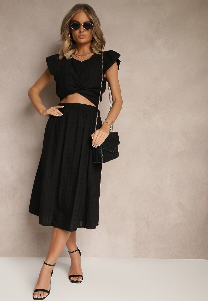 Czarny Bawełniany Komplet Ozdobiony Haftem Koszula z Krótkim Rękawem i Spódnica Efrurina