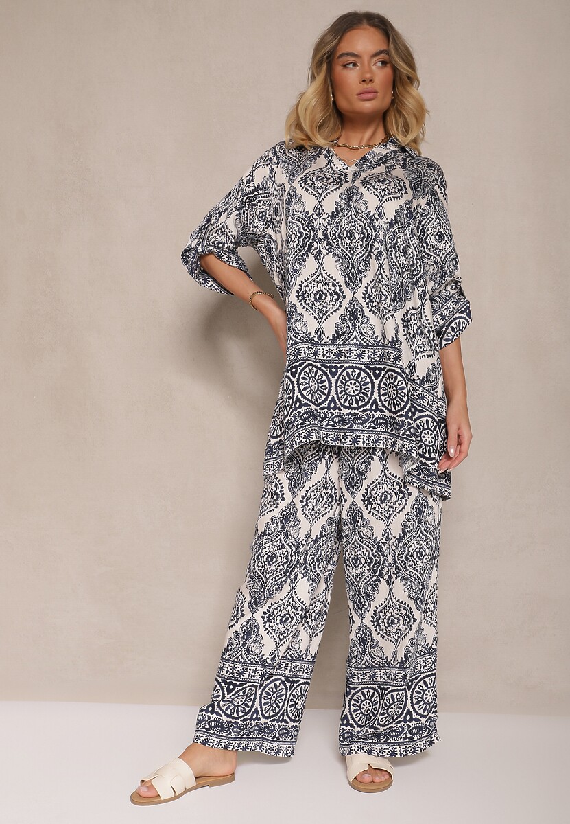 Granatowy Komplet z Wiskozą o Kroju Oversize Koszula i Spodnie Nilarithia