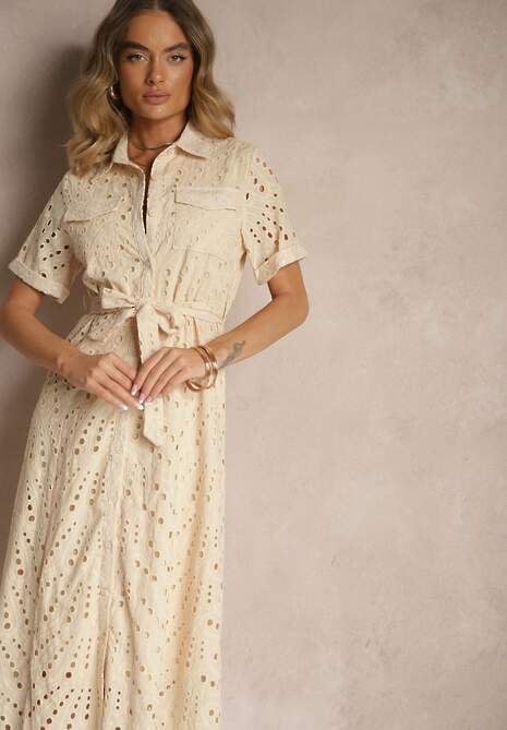 Beżowa Ażurowa Sukienka Koszulowa Ozdobiona Paskiem Rinailia