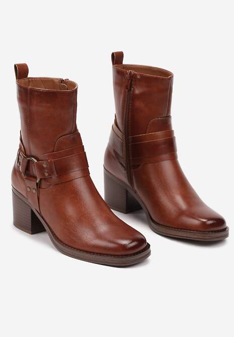 Brązowe Botki Bikery na Słupku z Klamrami i Paskami Verissca