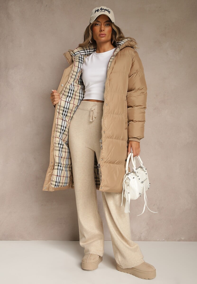 Ciemnobeżowa Kurtka z Pikowanymi Przeszyciami o Długim Fasonie z Kapturem Gineffa