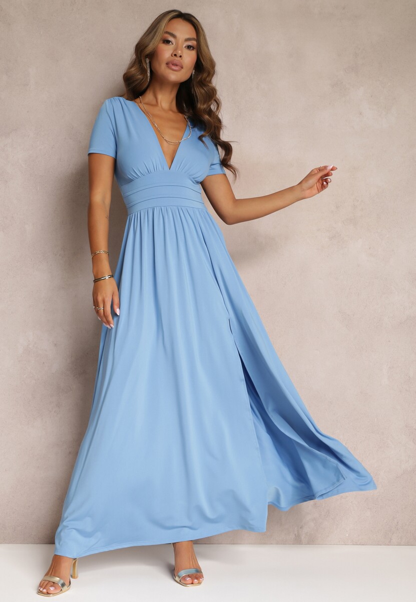 Czerwona Sukienka Maxi z Rozkloszowanym Dołem i Rozcięciem Zarya