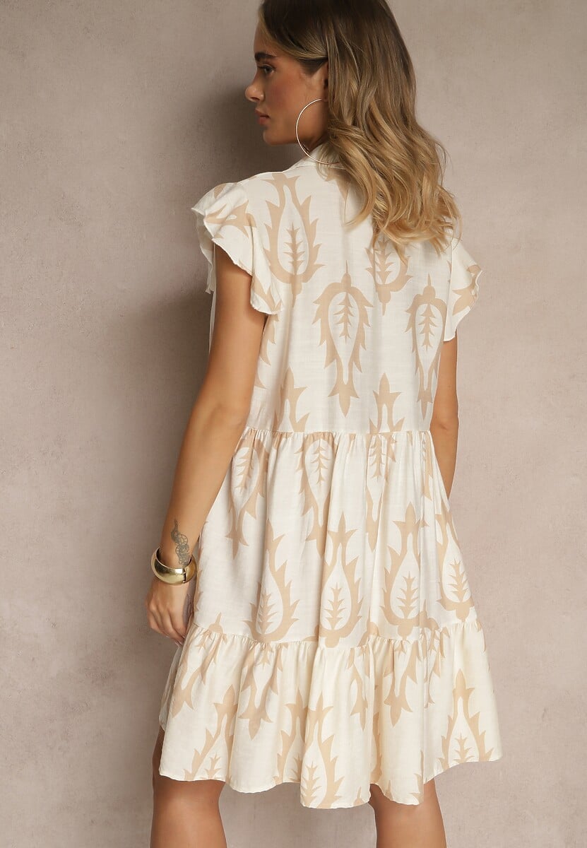 Beżowa Koszulowa Sukienka z Lnem i Wiskozą o Rozkloszowanym Kroju Aranese