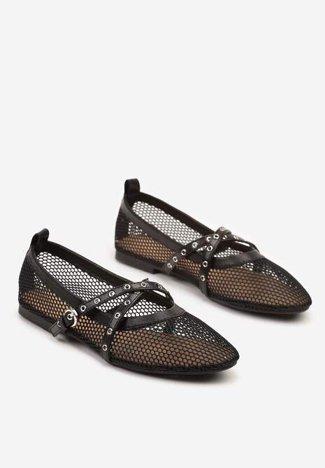 Czarne Balerinki z Siateczki w Stylu Mary Jane z Podwójnym Paskiem Felritia