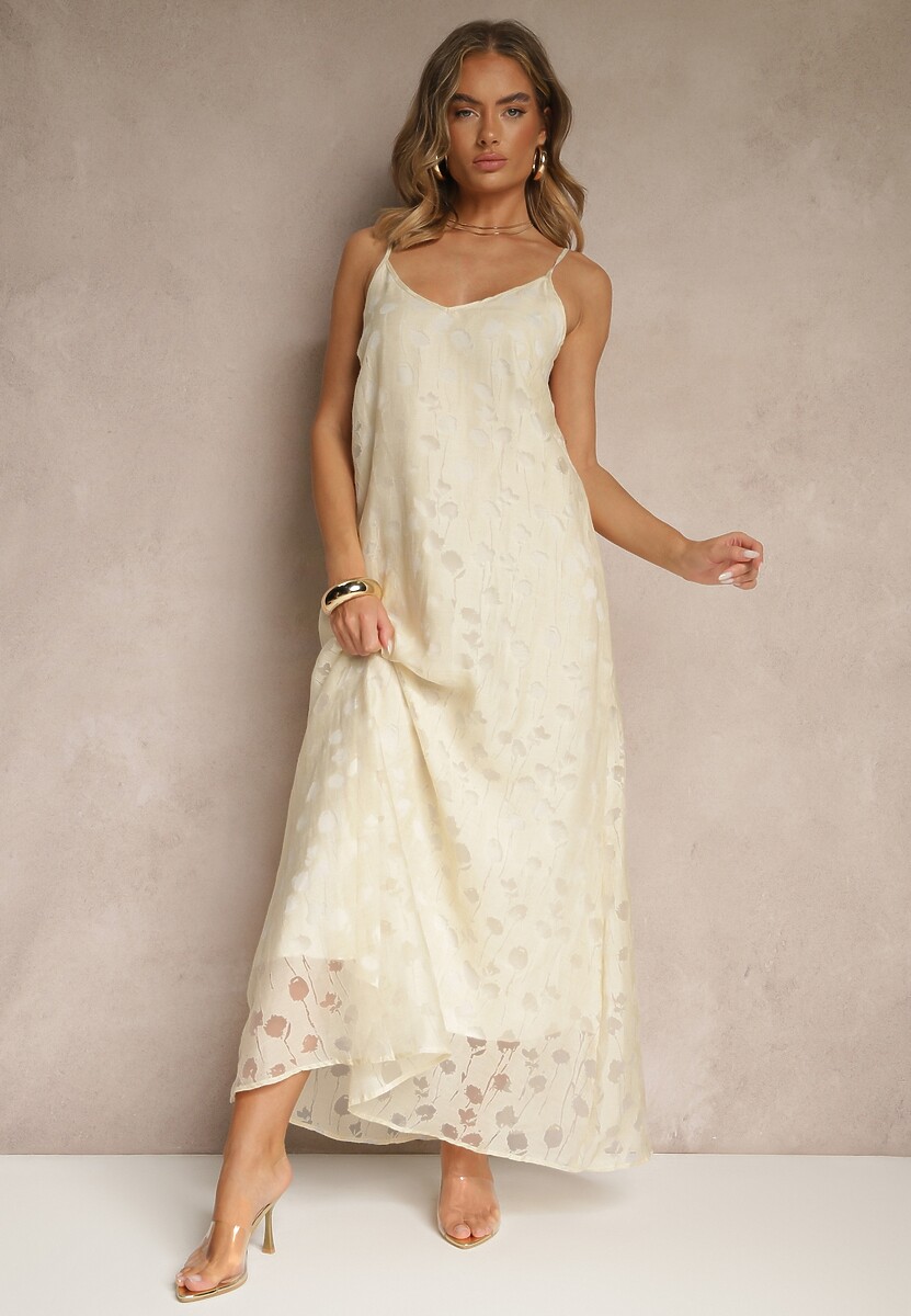 Beżowa Trapezowa Sukienka z Wiskozą na Ramiączkach Silarisse