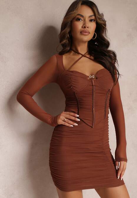 Brązowa Gorsetowa Sukienka Dopasowana z Marszczeniem Werini