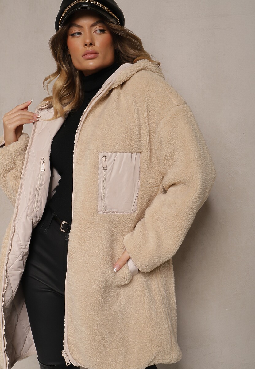 Jasnobeżowa Pikowana Kurtka Dwustronna z Futrem i Kapturem Emalira