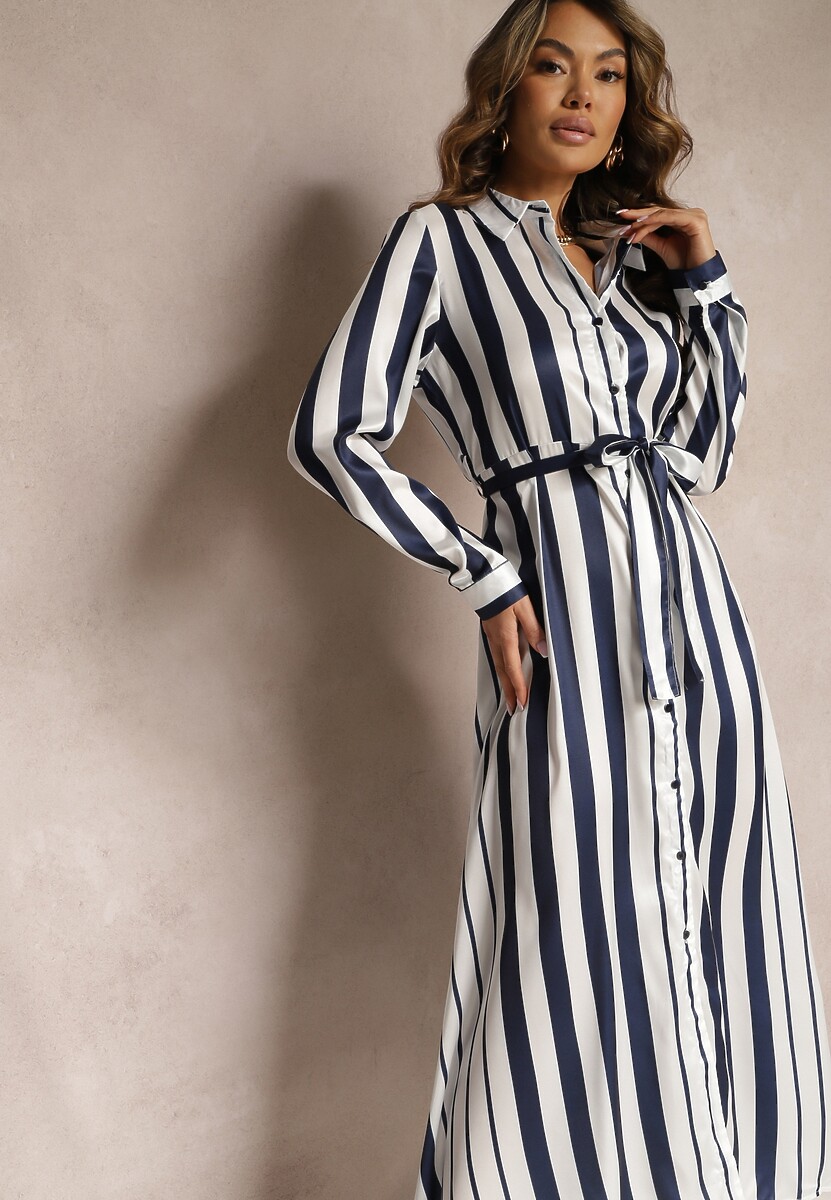 Biało-Granatowa Koszulowa Sukienka Ozdobiona Wzorem w Paski Wiązana w Talii Orintta