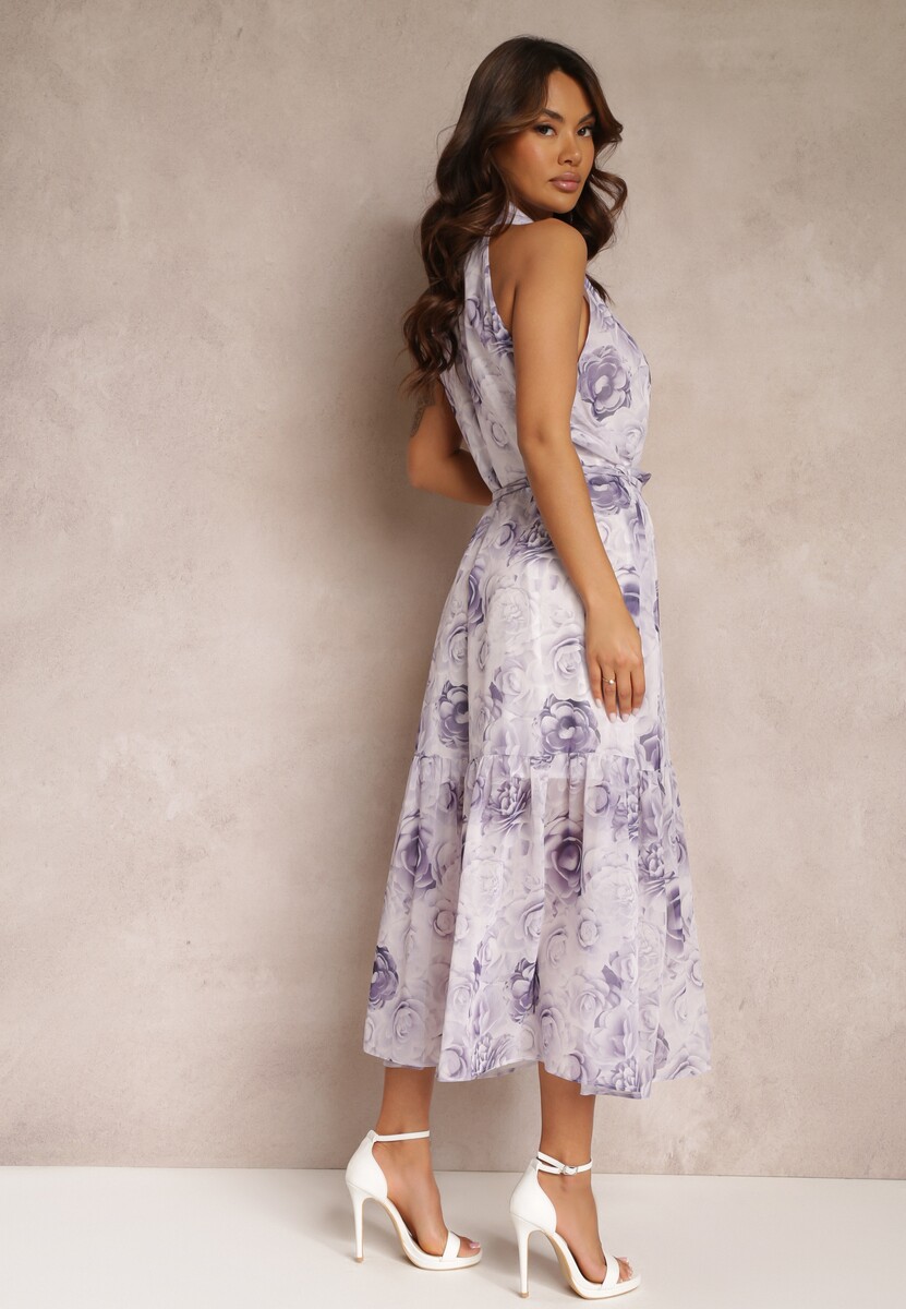 Fioletowa Rozkloszowana Sukienka w Kwiaty z Paskiem Ademora