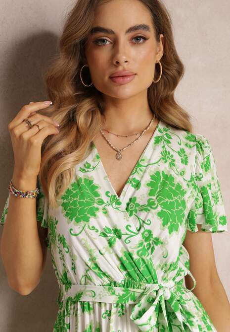 Zielona Sukienka w Kwiaty z Paskiem i Gumką w Talii z Wiskozy Agletina