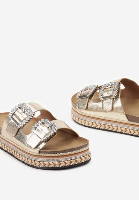 Złote Płaskie Klapki z Metaliczną Nicią i Paskami z Klamrą i Cyrkoniami Gregnia