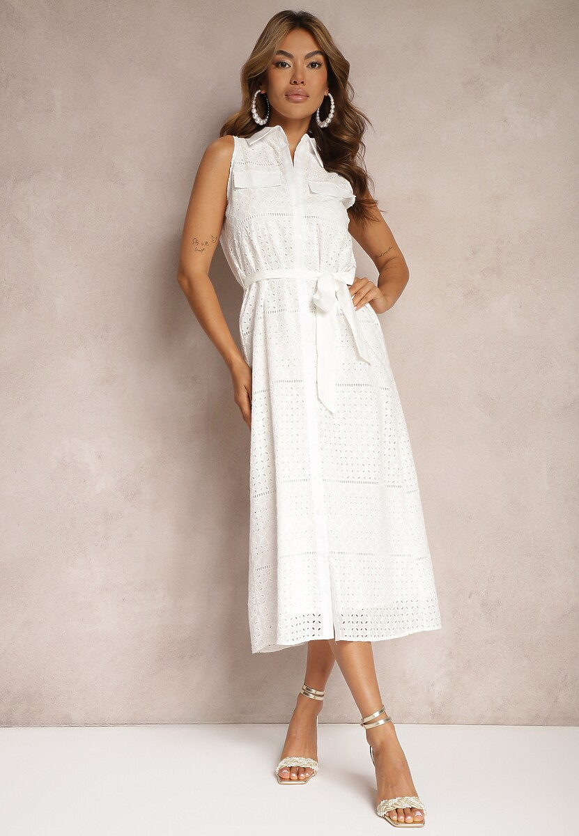 Pomarańczowa Ażurowa Sukienka z Bawełny o Koszulowym Kroju z Materiałowym Paskiem Vikiisara