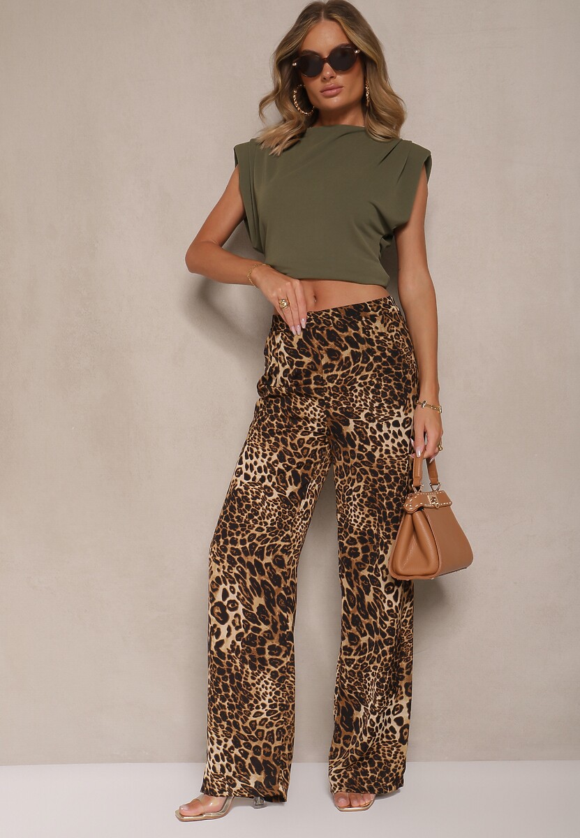 Beżowe Spodnie Panterkowe z Szerokimi Nogawkami High Waist z Zapięciem z Boku na Suwak Frisalie