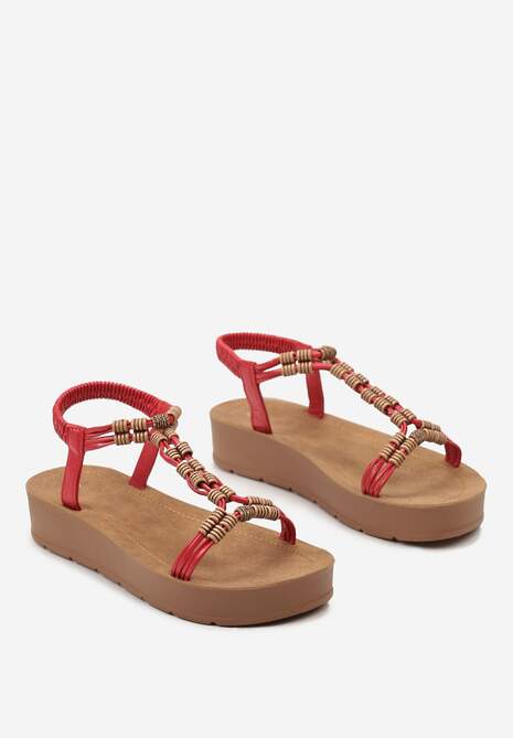 Czerwone Sandały Boho z Ozdobnymi Koralikami i Platformą Kaullas