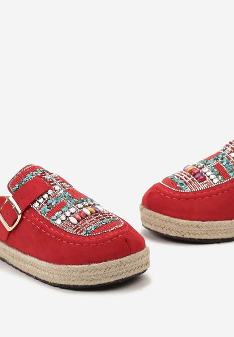 Czerwone Klapki Oplecione Jutą z Cyrkoniami z Koralikami i Paskiem Opaque