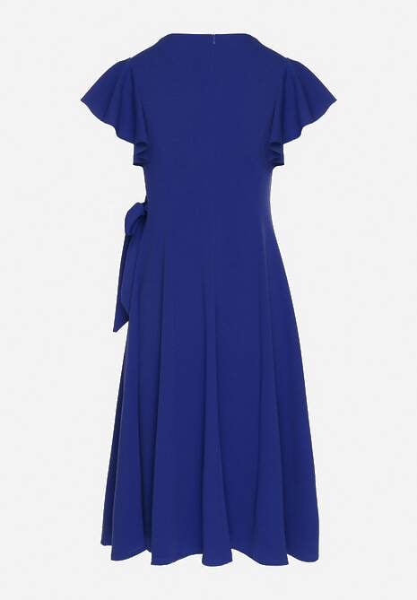 Niebieska Kopertowa Sukienka z Rozkloszowanym Dołem i Ozdobnym Wiązaniem Dannola