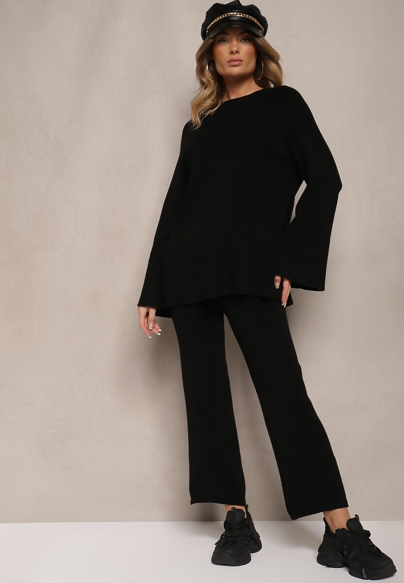 Czarny Dzianinowy Komplet z Wiskozą Sweter i Spodnie z Rozcięciami i Gumką w Pasie Malwizelle