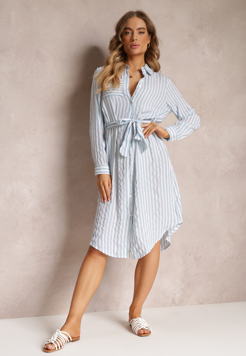 Jasnoniebieska Sukienka Koszulowa z Bawełny w Paski i Wiązanym Paskiem Mayreli