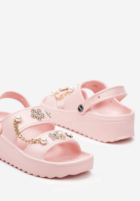 Różowe Klapki z Pianki na Koturnie Ozdobione Aplikacjami z Paskiem Podtrzymujący Piętę Anesaria