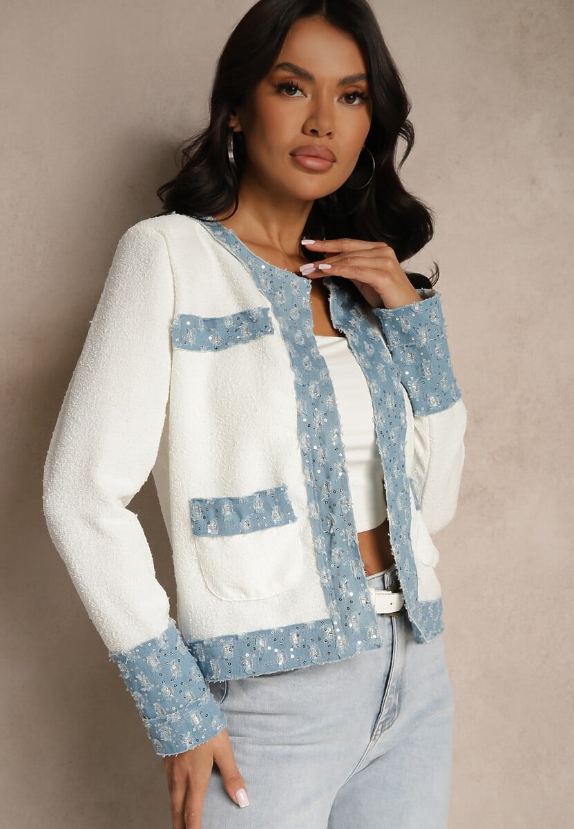 Biało-Niebieska Marynarka o Pudełkowym Kroju z Tłoczonymi Zdobieniami Ranolea