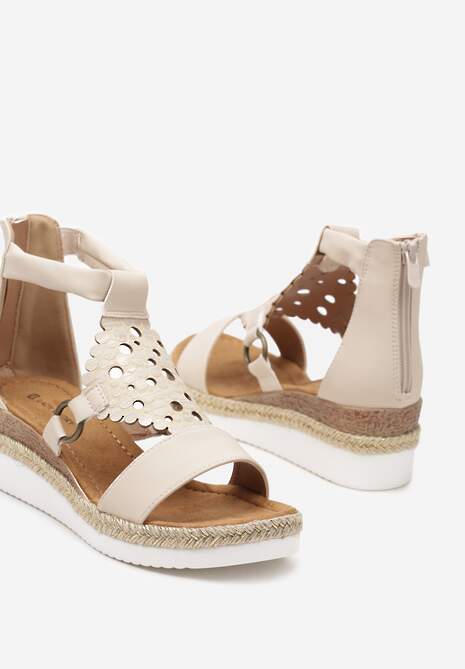 Beżowe Sandały na Koturnie z Ekoskóry Zapinane na Suwak Obissa