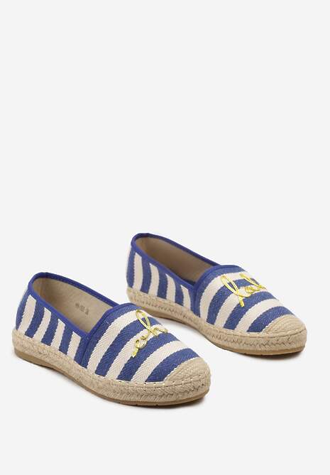 Niebieskie Espadryle przed Kostkę na Plecionej Podeszwie w Paski i z Napisem Hearta