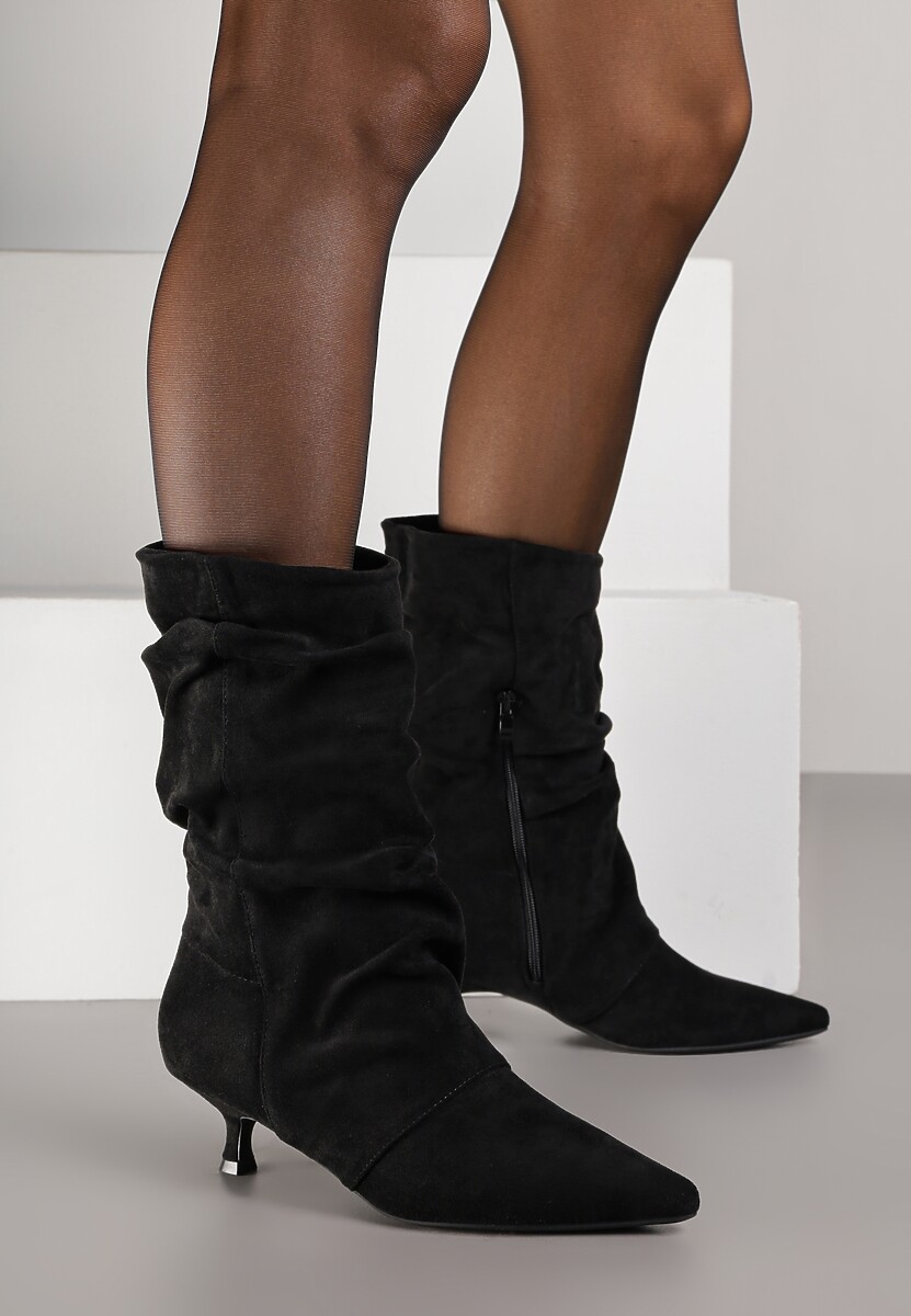 Czarne Botki do Kostki na Kaczuszce z Marszczoną Cholewką Rasela