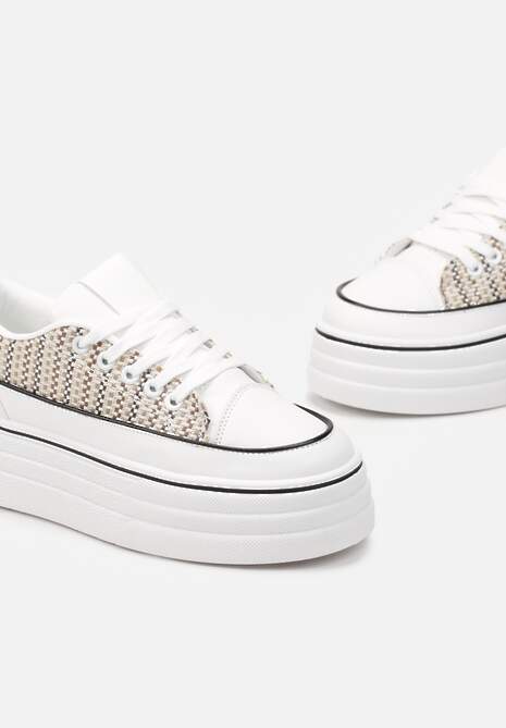 Beżowe Krótkie Trampki na Wysokiej Platformie z Tweedową Wstawką Grogamia