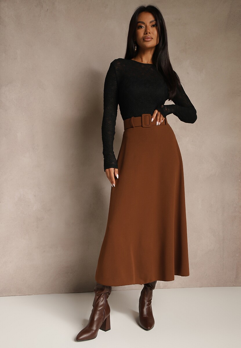 Brązowa Rozkloszowana Spódnica Maxi z Paskiem i Klamrą Adlirca