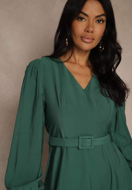 Zielona Rozkloszowana Sukienka z Wiskozy z Paskiem ze Sprzączką Orille