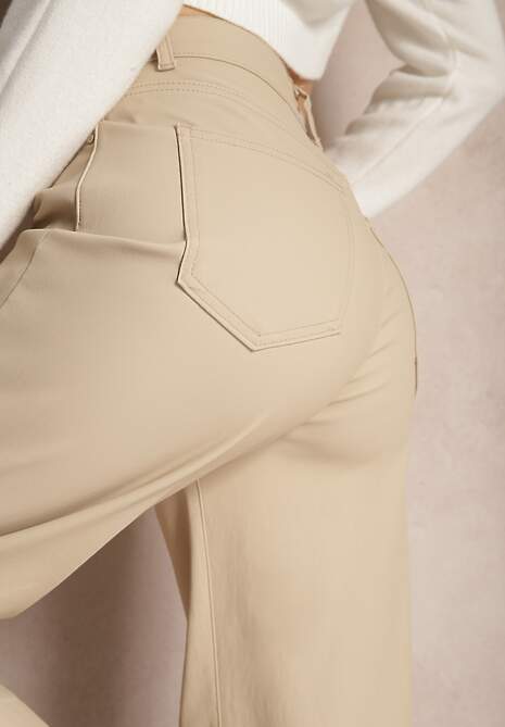 Beżowe Spodnie Woskowane o Szerokim Kroju High Waist Sezila