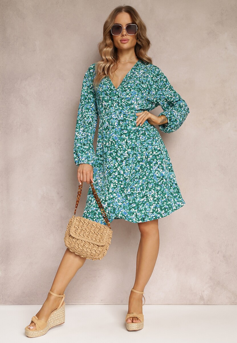 Zielona Sukienka Midi z Kopertowym Dekoltem i Gumką w Talii Sorioli