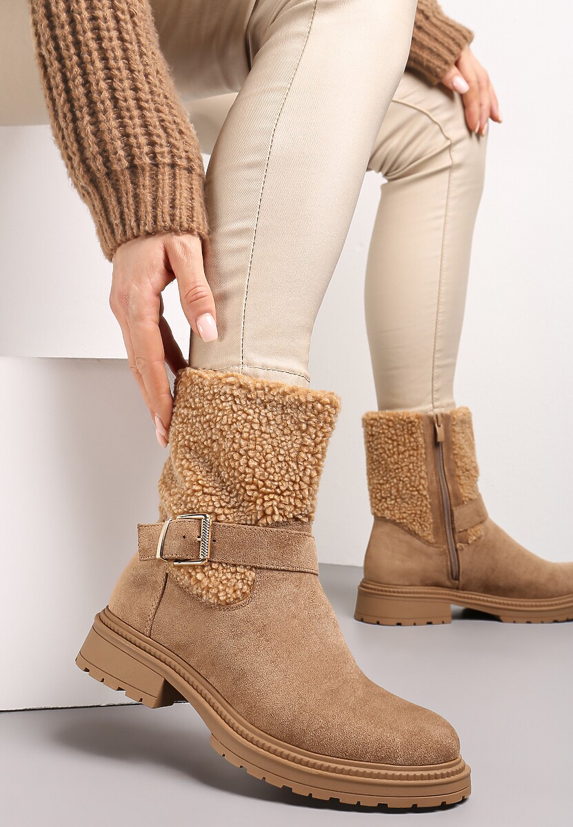 Brązowe Botki z Futerkiem i Paskiem z Klamerką Adorra