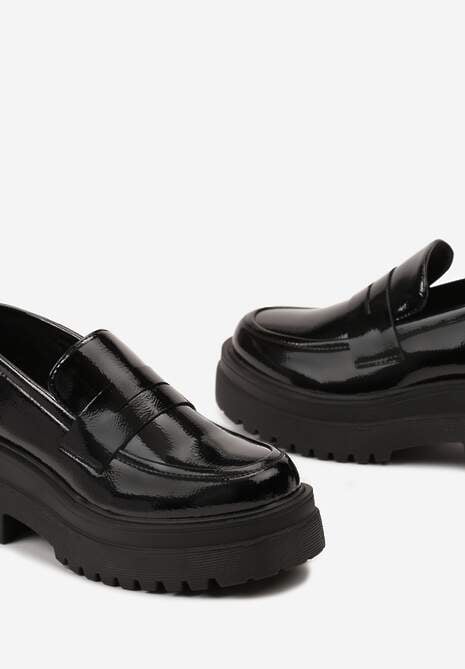 Czarne Lakierowane Mokasyny Chunky z Grubą Podeszwą Reitiss