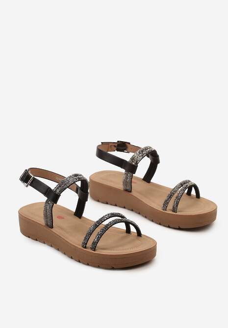 Czarne Sandały na Płaskiej Podeszwie z Cyrkoniami Zapinane przy Kostce  Elltiana