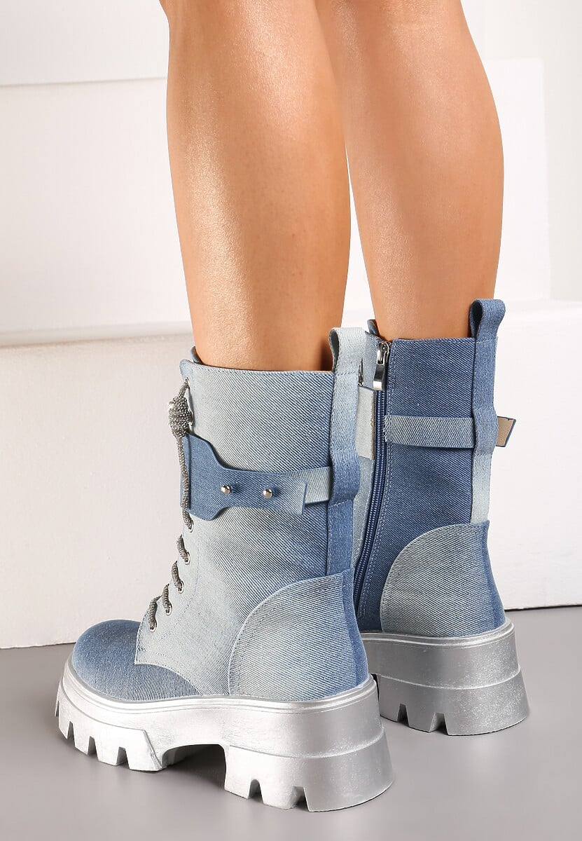 Niebieskie Sznurowane Traperki na Platformie Zdobione Brokatem Opleja