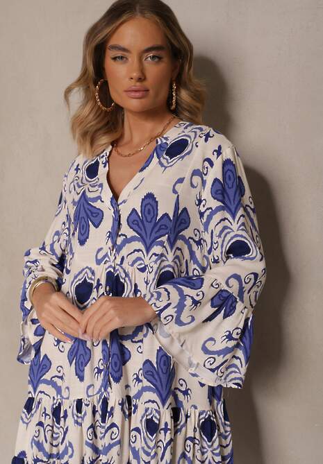 Niebieska Rozkloszowana Sukienka z Wiskozy Zdobiona Etnicznym Printem Pasiretia