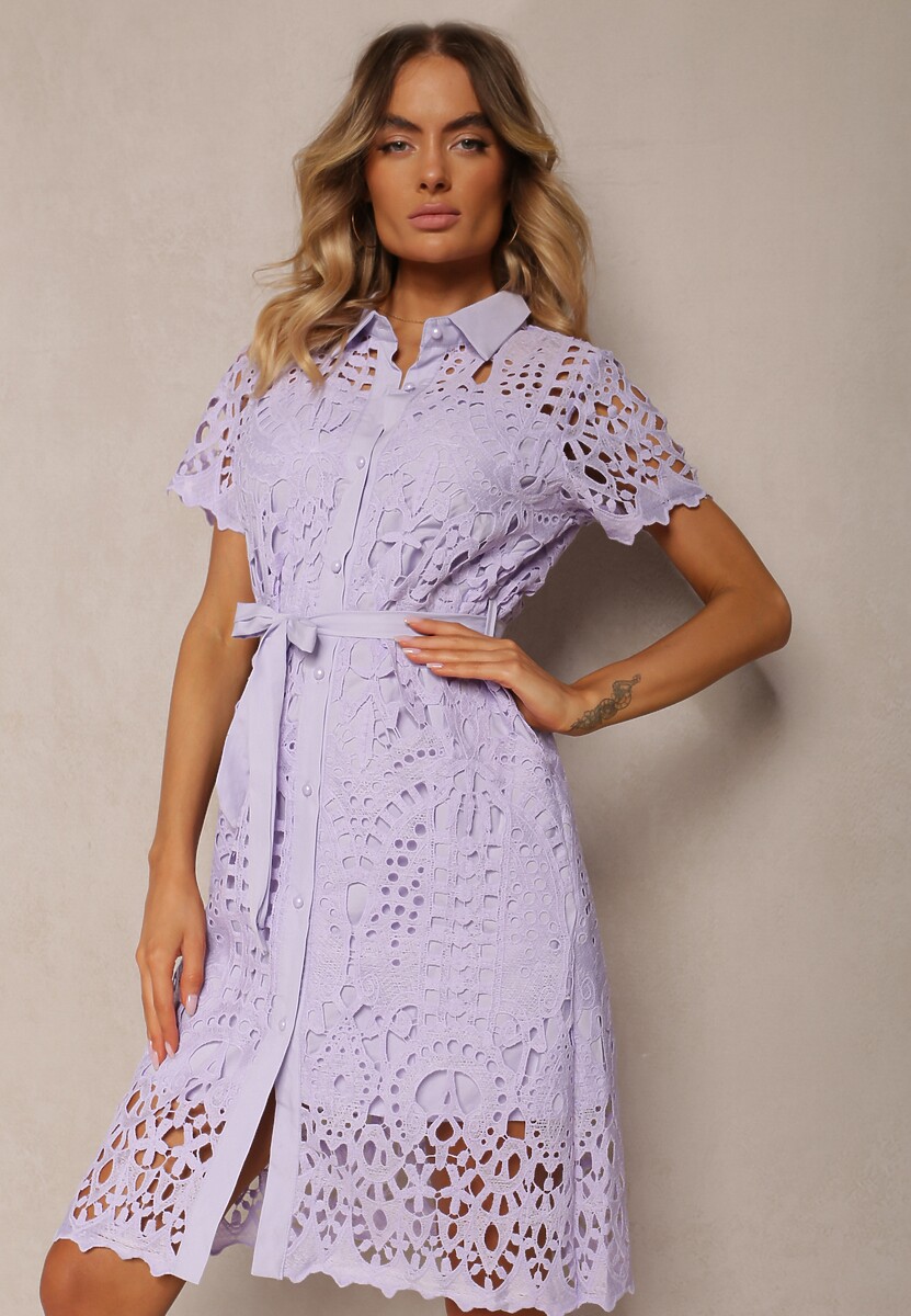 Czarna Koszulowa Sukienka Midi z Ażurowym Zdobieniem Tatrasi