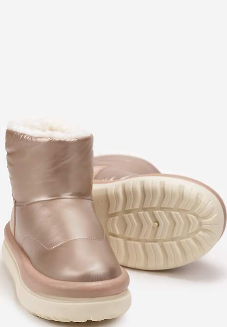 Złote Połyskujące Śniegowce na Płaskiej Podeszwie Ocieplone Futerkiem Brivida