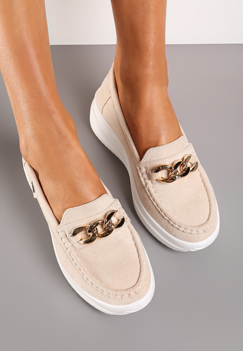 Beżowe Mokasyny z Łańcuszkiem na Wysokiej Platformie Iracana