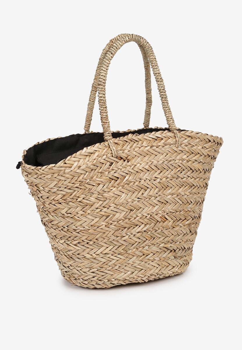 Beżowo-Czarna Torebka na Ramię w Stylu Boho z Wyszywaną Aplikacją i Frędzlami Oanesa